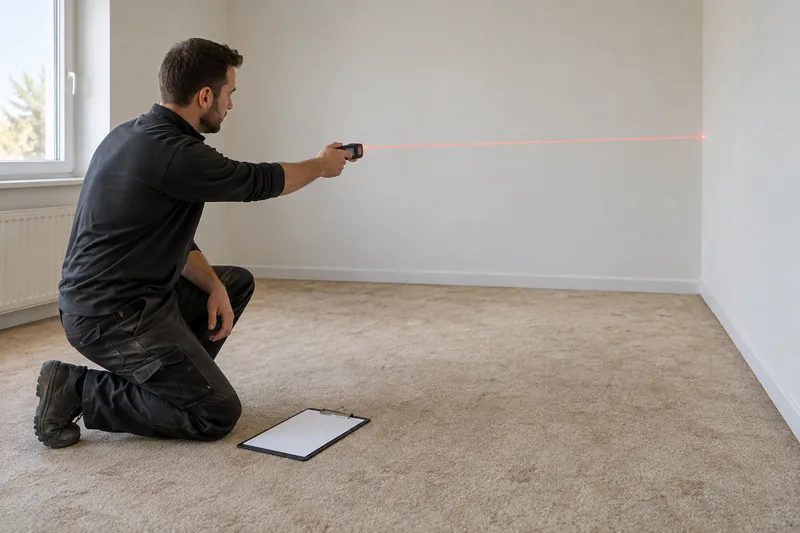 Aufmaß für einen neuen Boden in Düsseldorf: Bodenleger misst einen Raum per Laser aus