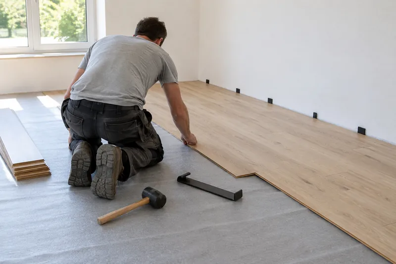 Laminat verlegen in Düsseldorf: Handwerker verlegt Klick-Laminat in Eichenoptik auf Trittschallunterlage