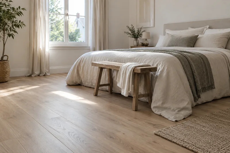 Laminat verlegen: Kosten: Schlafzimmer mit frisch verlegtem Laminat in Landhausdielen-Optik