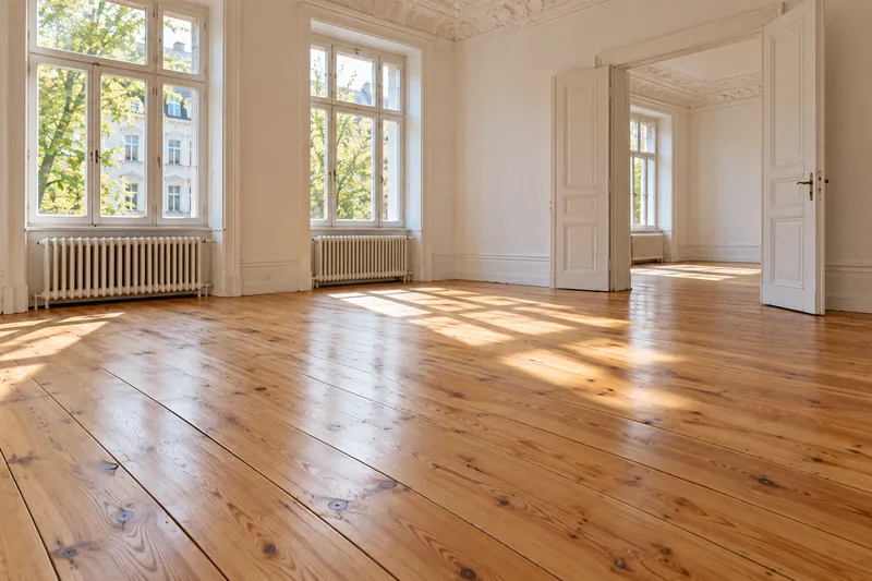 Frisch geschliffene und geölte Altbau-Dielen in hellem Honigton