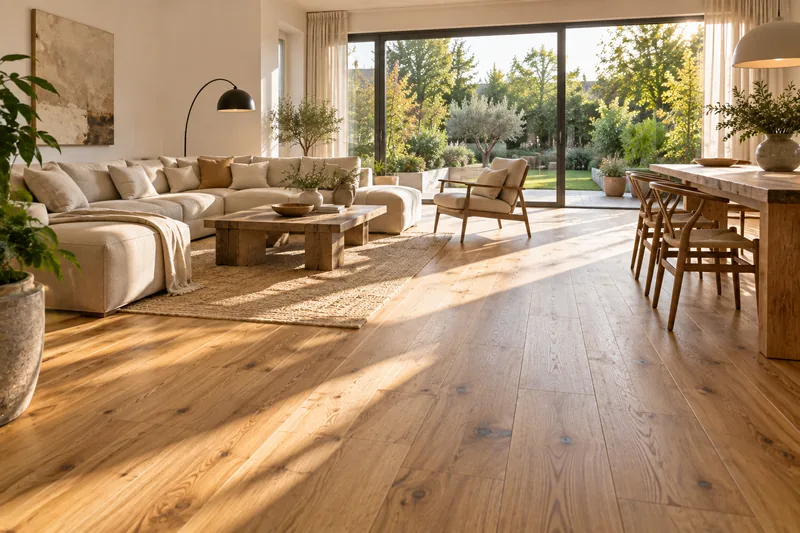 Massivholzdielen in Düsseldorf: Wohnraum mit breiten Eichen-Landhausdielen und Fenster zum Garten