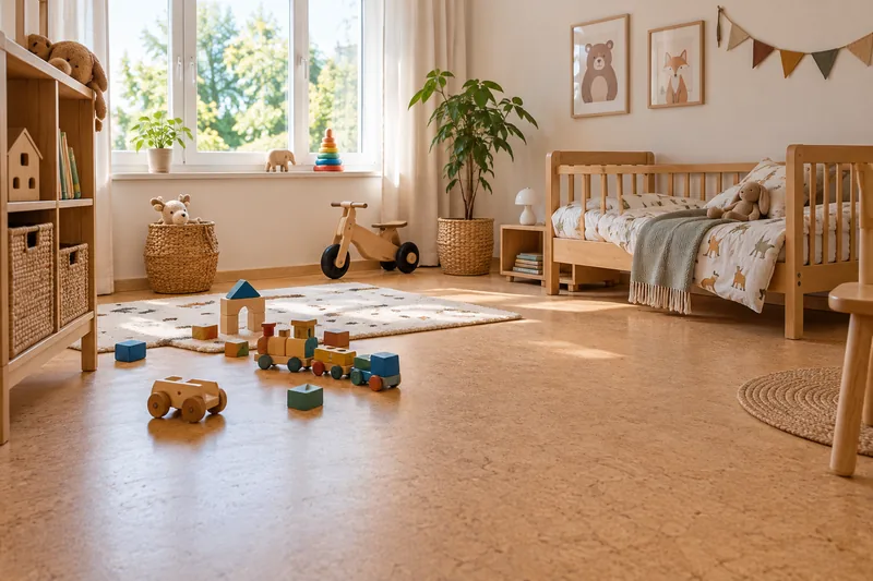 Korkboden verlegen in Düsseldorf: Kinderzimmer mit hellem Korkboden und Holzspielzeug