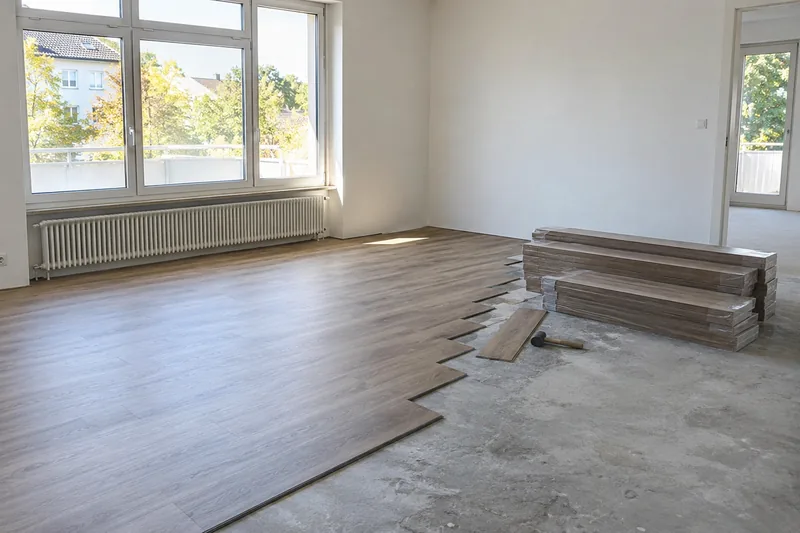 Neuer Boden für die ganze Wohnung in Düsseldorf: leere Mietwohnung mit halb verlegtem Vinylboden in Holzoptik
