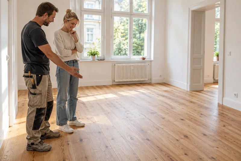 Abnahme eines neuen Bodens in Düsseldorf: Handwerker und Kundin betrachten den Holzboden