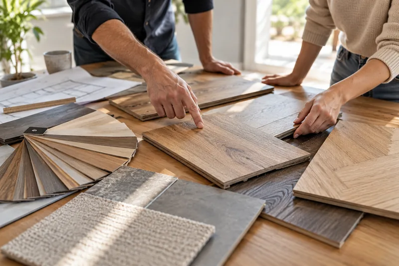 Musterstücke aus Parkett, Vinyl und Laminat auf dem Tisch